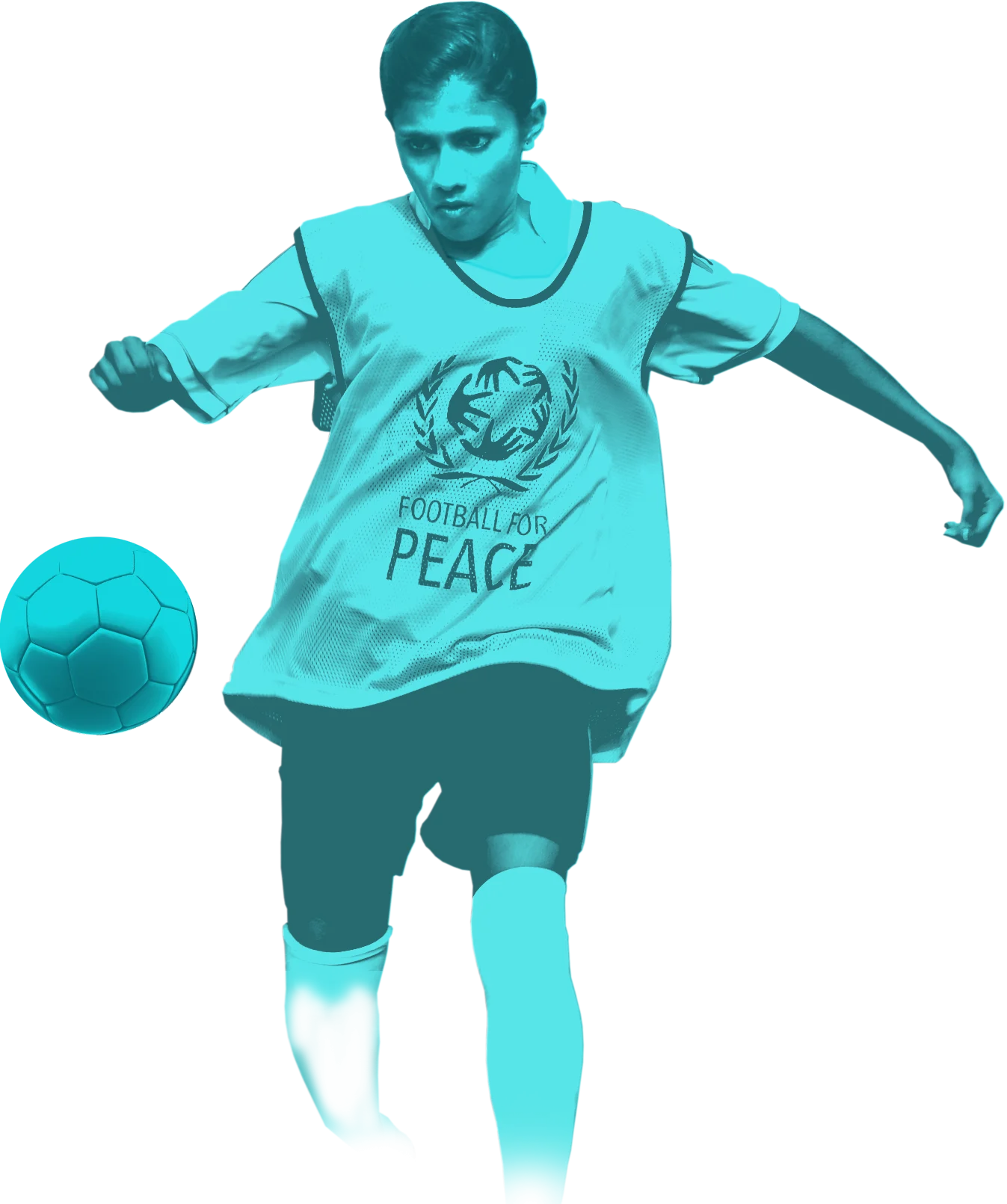Soccer Player in Monochromatic Teal Peace-Themed Sports Clipart Design