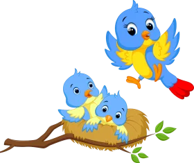 Adorable Blue Bird Family Nest Adventure Cartoon Clipart Illustration