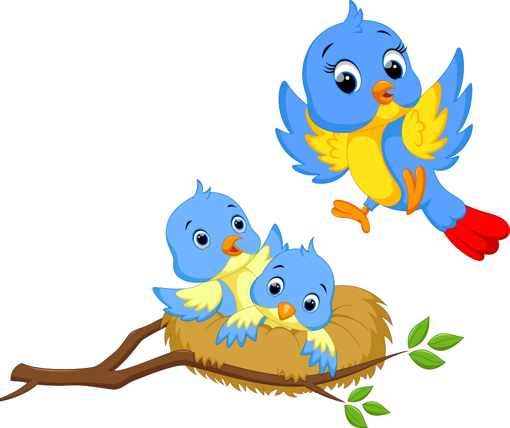 Adorable Blue Bird Family Nest Adventure Cartoon Clipart Illustration
