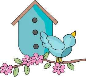 Charming Blue Birdhouse with Whimsical Bird Perched on Floral Branch Clipart Design