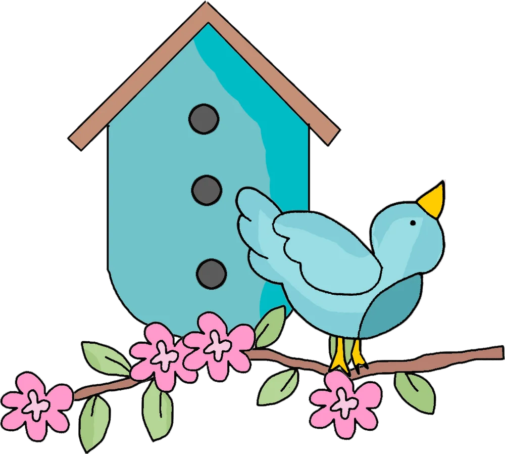 Charming Blue Birdhouse with Whimsical Bird Perched on Floral Branch Clipart Design
