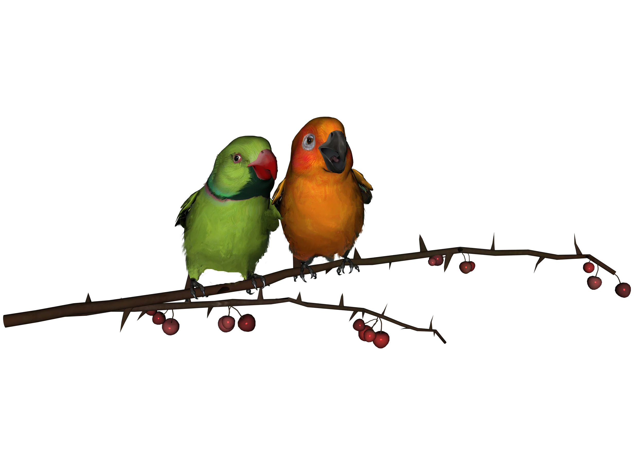 Charming Lovebirds Perched on Berry-Laden Branch Watercolor Clipart Illustration