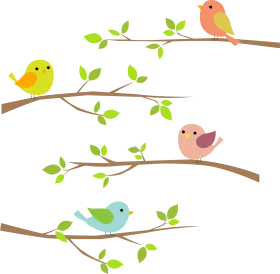 Charming Woodland Birds Perched on Leafy Branches Adorable Cartoon Clipart