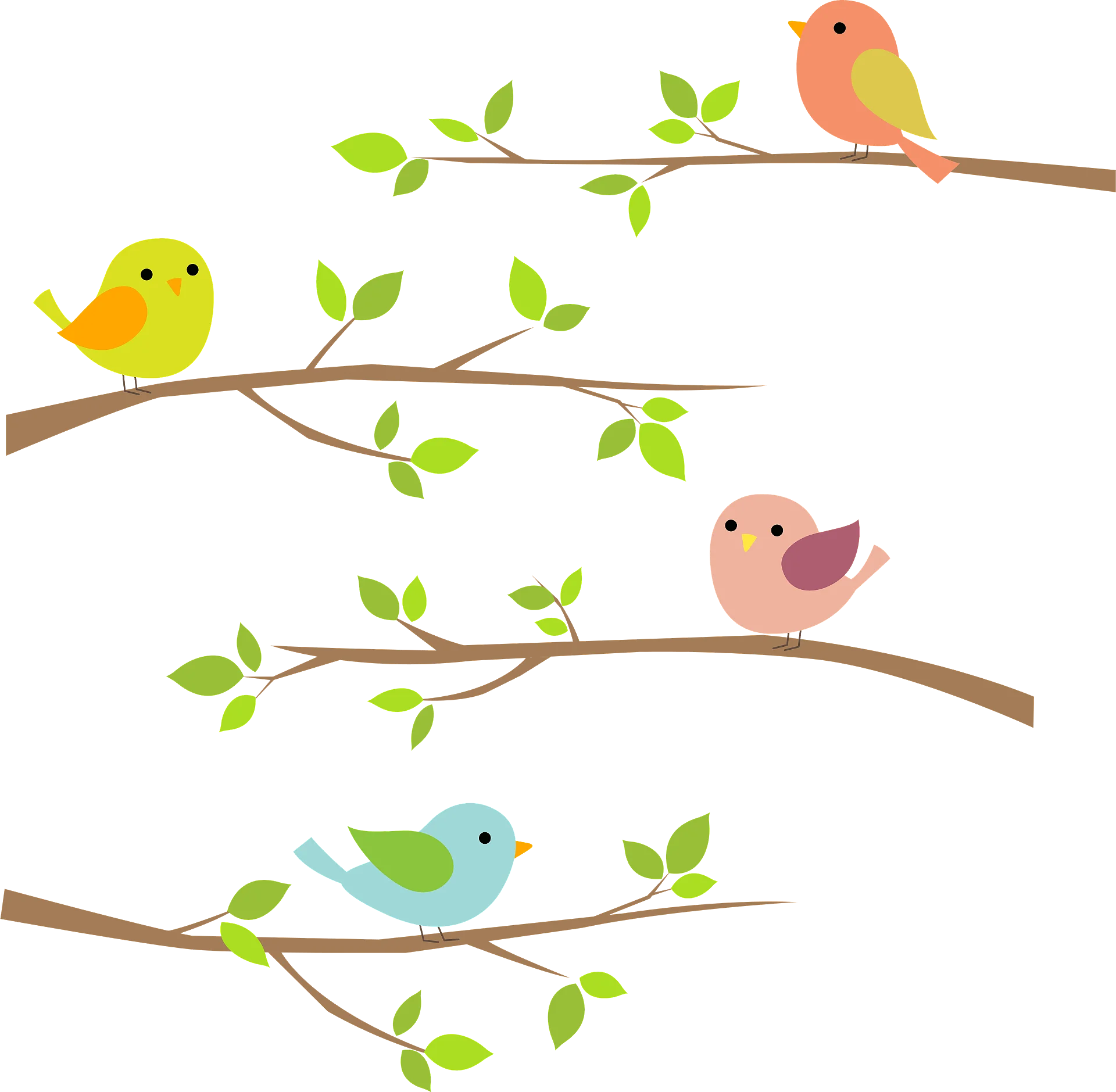 Charming Woodland Birds Perched on Leafy Branches Adorable Cartoon Clipart