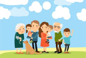Cheerful Multi-Generational Family Moving Together in Cartoon Clipart Illustration
