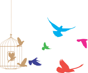 Freedom of Colorful Birds Escaping Golden Cage - Inspirational Clipart Design