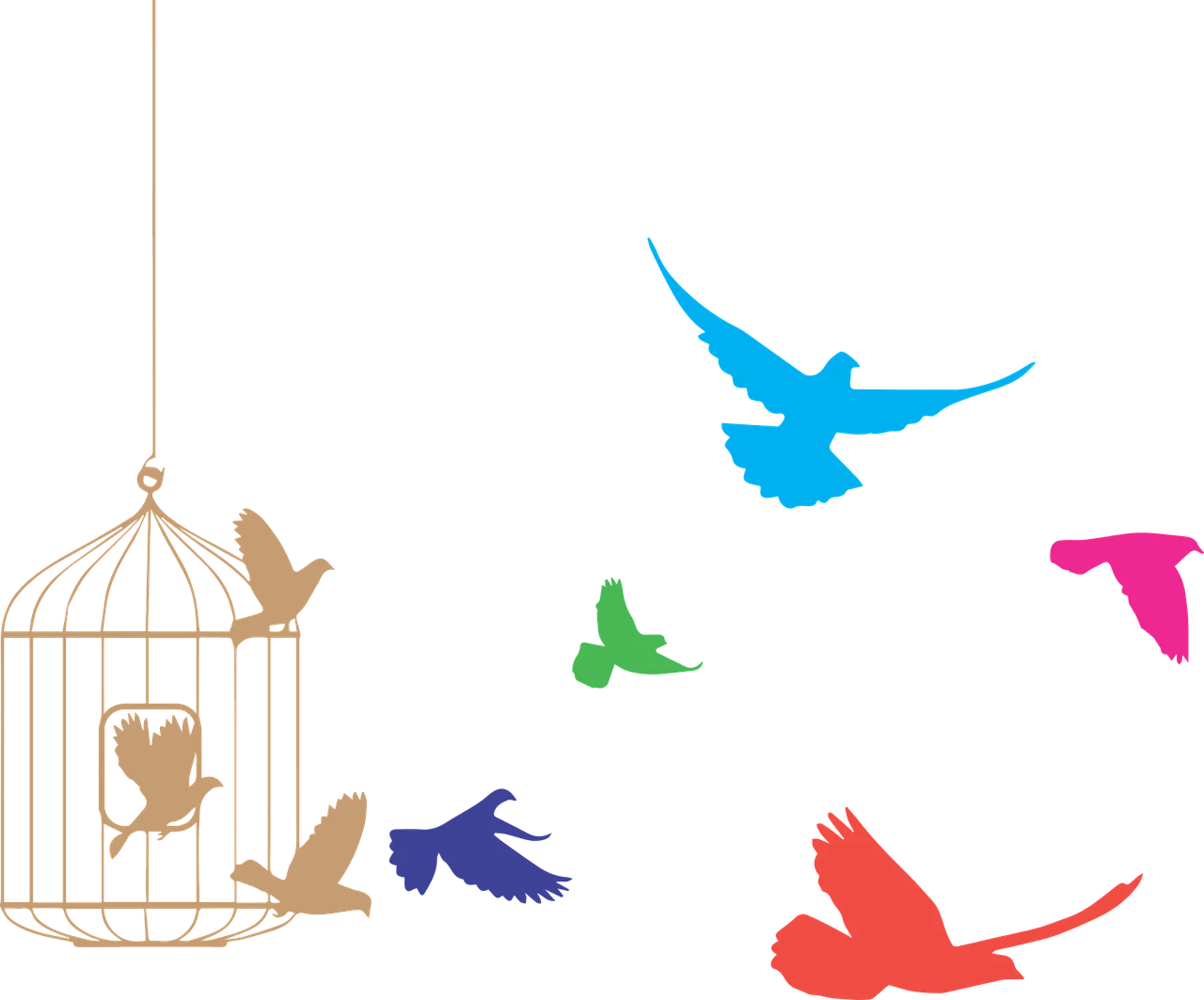 Freedom of Colorful Birds Escaping Golden Cage - Inspirational Clipart Design