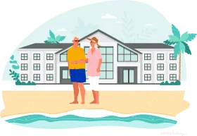 Illustrated Clipart Scene of Residential Moving Day with Tropical Backdrop