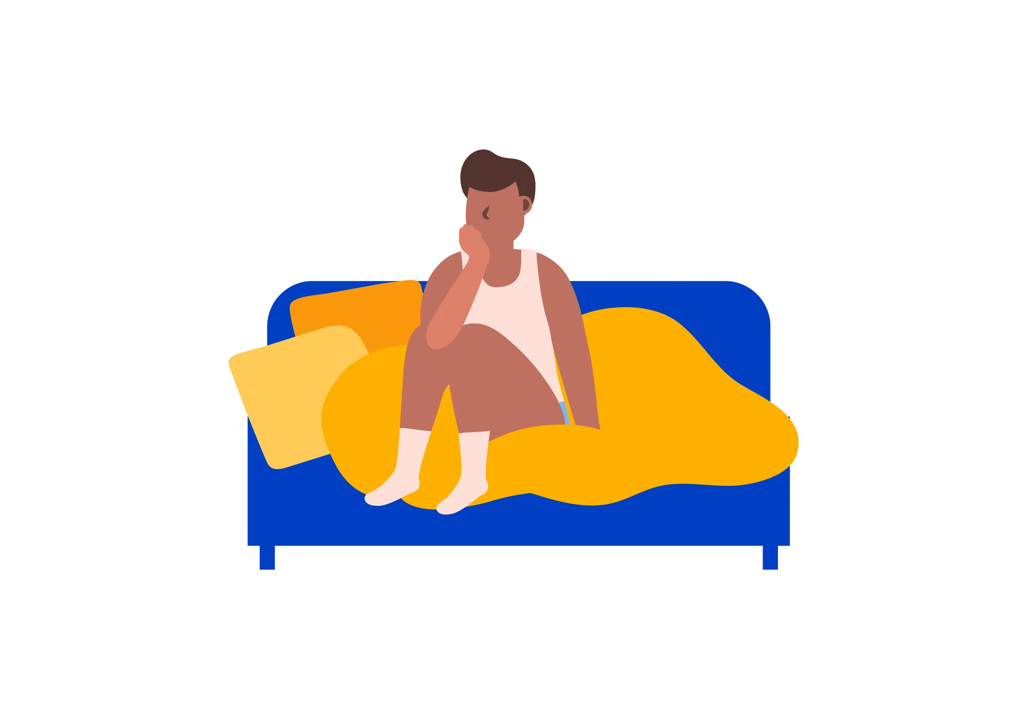 Melancholy Morning: A Solitary Figure on Blue Sofa Clipart Illustration