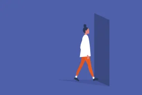 Minimalist Walking Figure Stepping Through Doorway Stylized Clipart Design