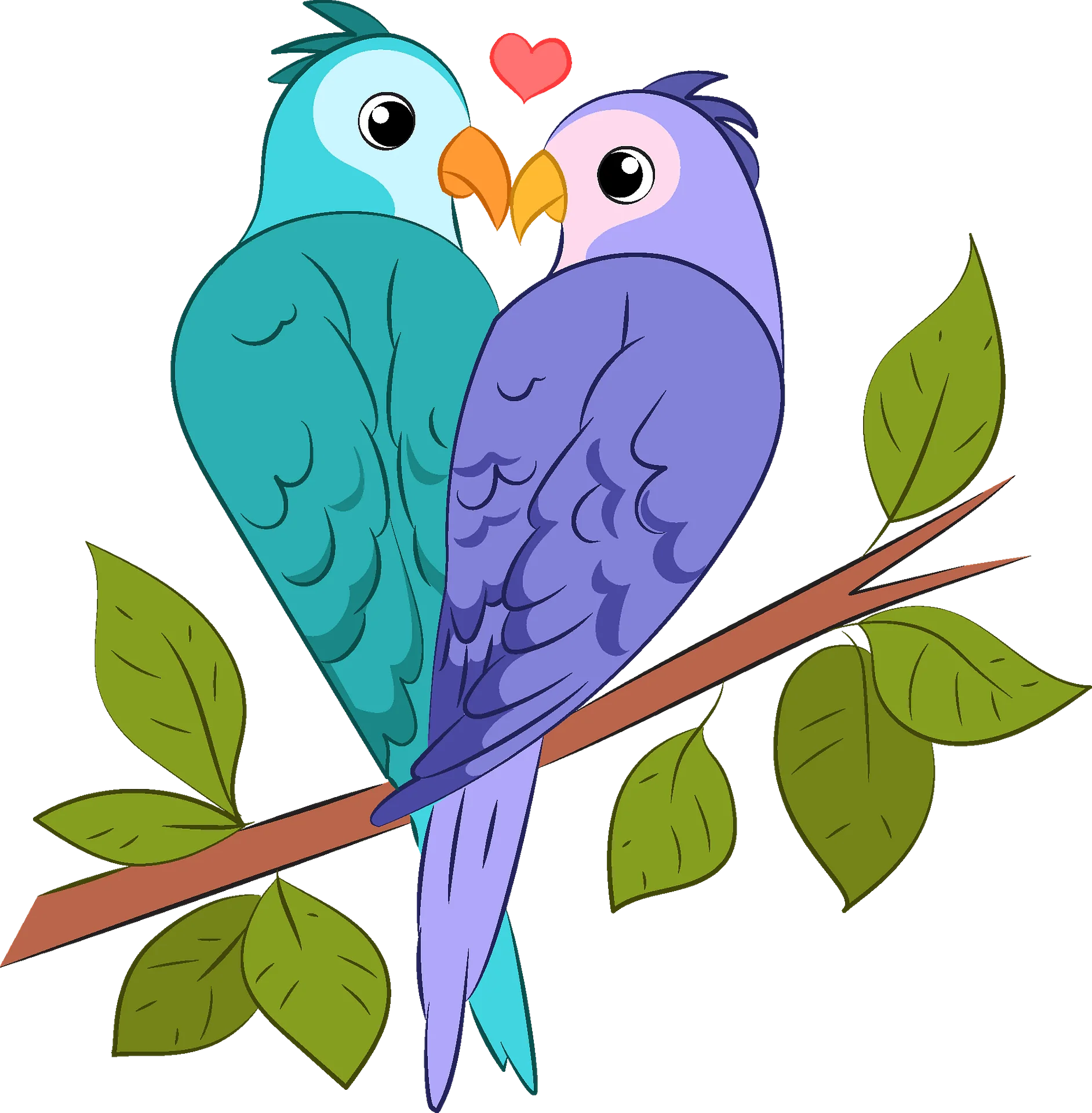 Two Adorable Love Birds Perched Together on a Branch Romantic Clipart Design