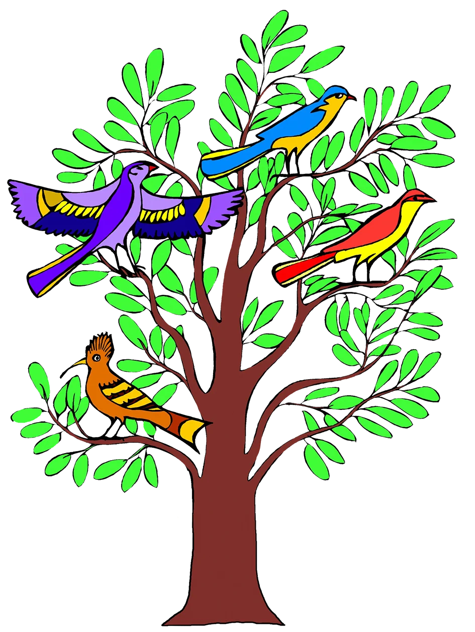 Whimsical Colorful Birds Perched on Branches Cartoon Clipart Illustration