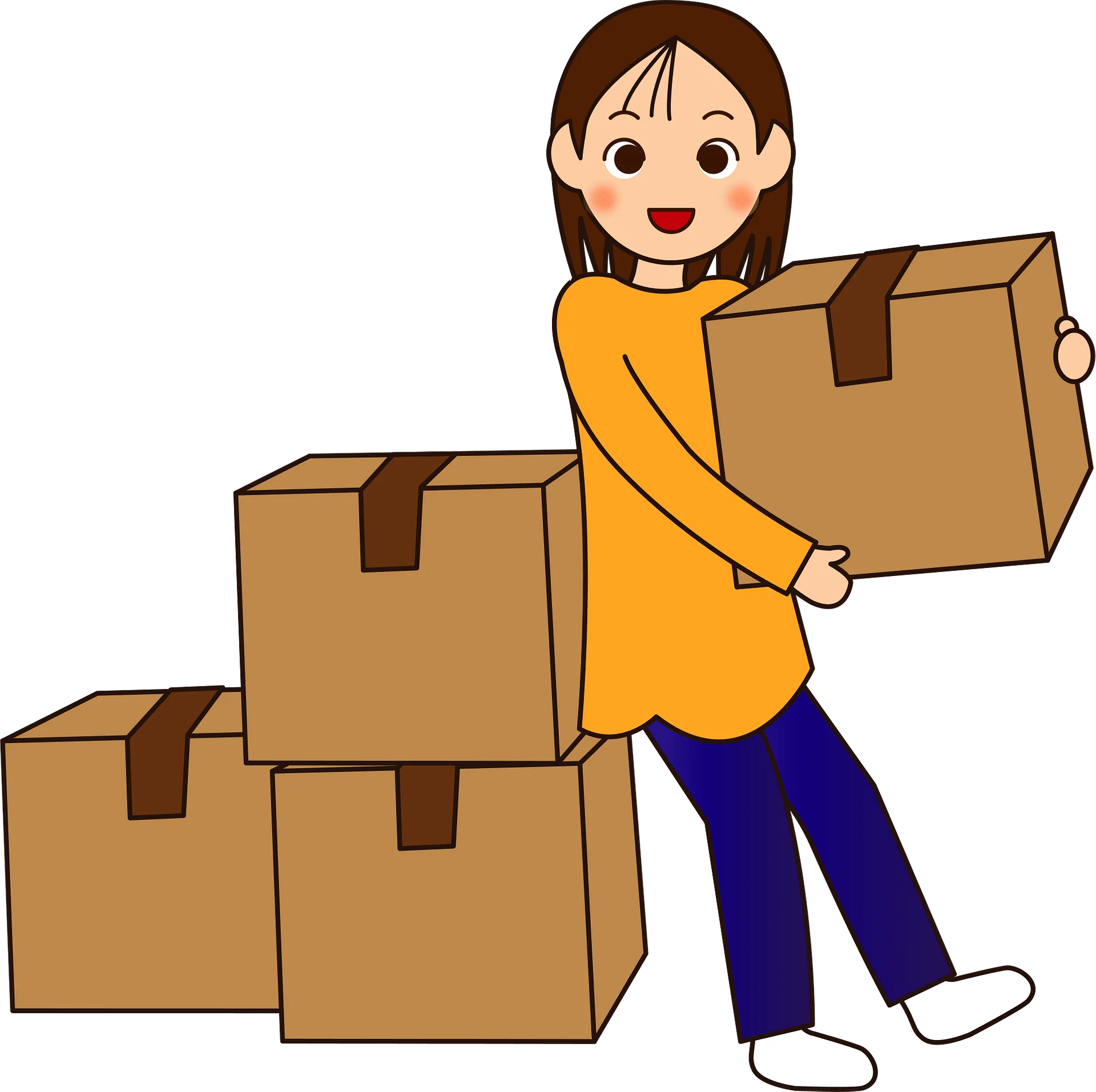 Young Girl Carrying Moving Boxes - Cheerful Moving Day Clipart Illustration