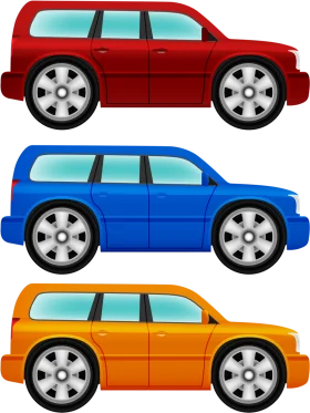 Stylized SUV Collection: Three Bold Colors in Playful Automotive Clipart Design