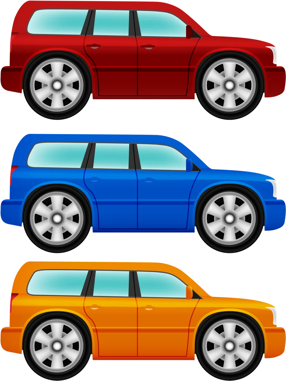 Stylized SUV Collection: Three Bold Colors in Playful Automotive Clipart Design