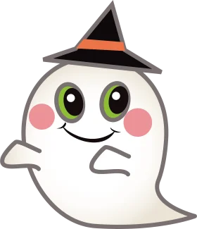 Adorable Friendly Ghost Wearing Witch Hat Halloween Kawaii Clipart Design