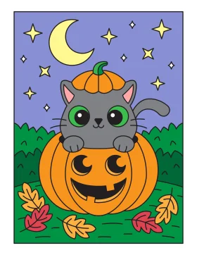 Adorable Halloween Kitty Pumpkin Clipart: Whimsical Nocturnal Festive Scene