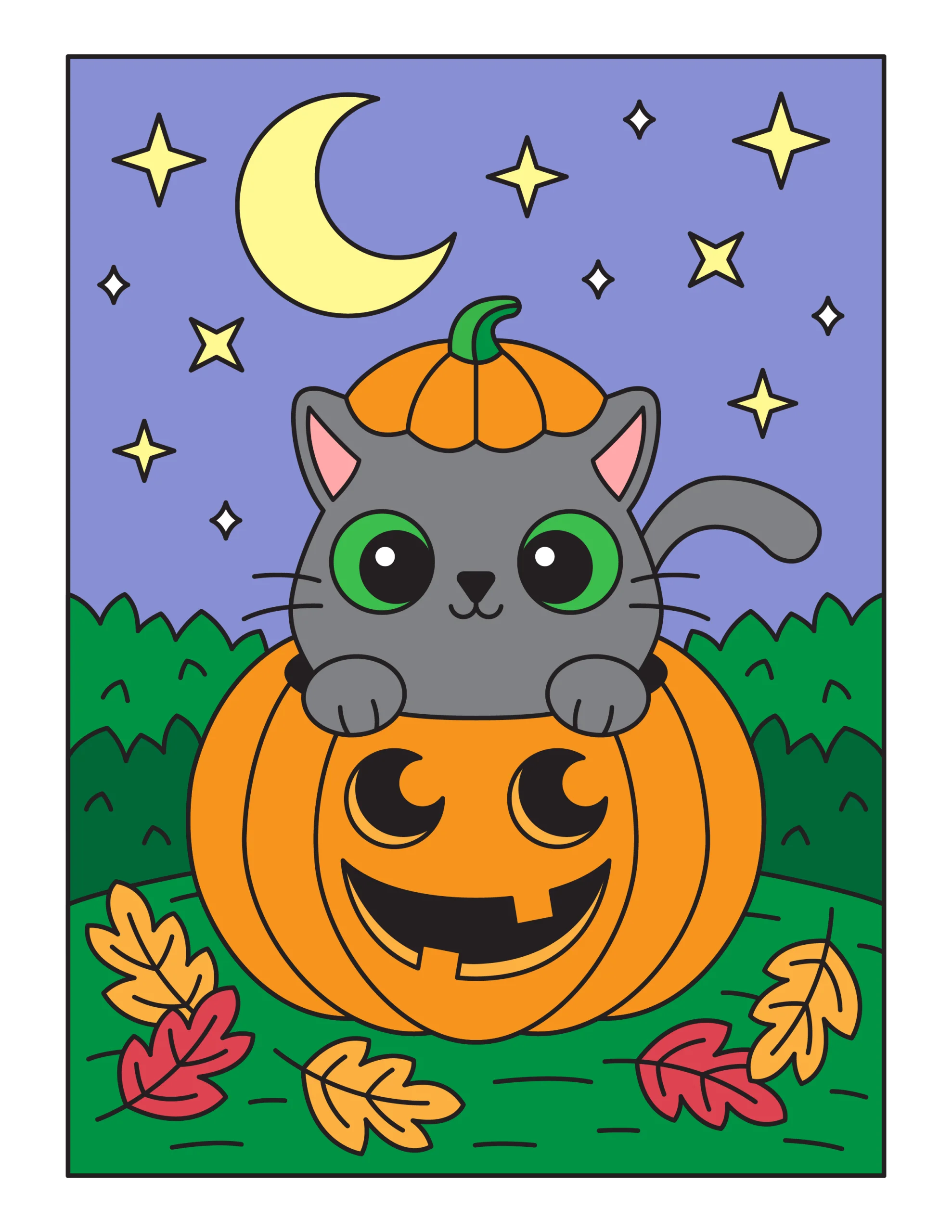 Adorable Halloween Kitty Pumpkin Clipart: Whimsical Nocturnal Festive Scene