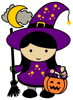 Adorable Witch Halloween Clipart: Magical Night Adventure with Pumpkin Treats