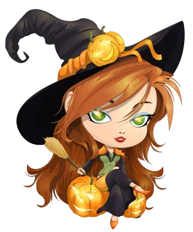Enchanting Halloween Witch Clipart: Adorable Magical Character with Pumpkins
