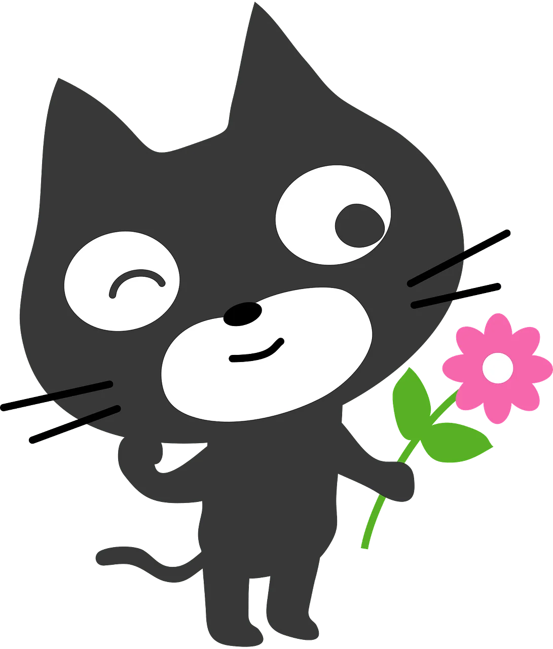 Adorable Black Cartoon Kitten Holding Pink Flower Clipart Design