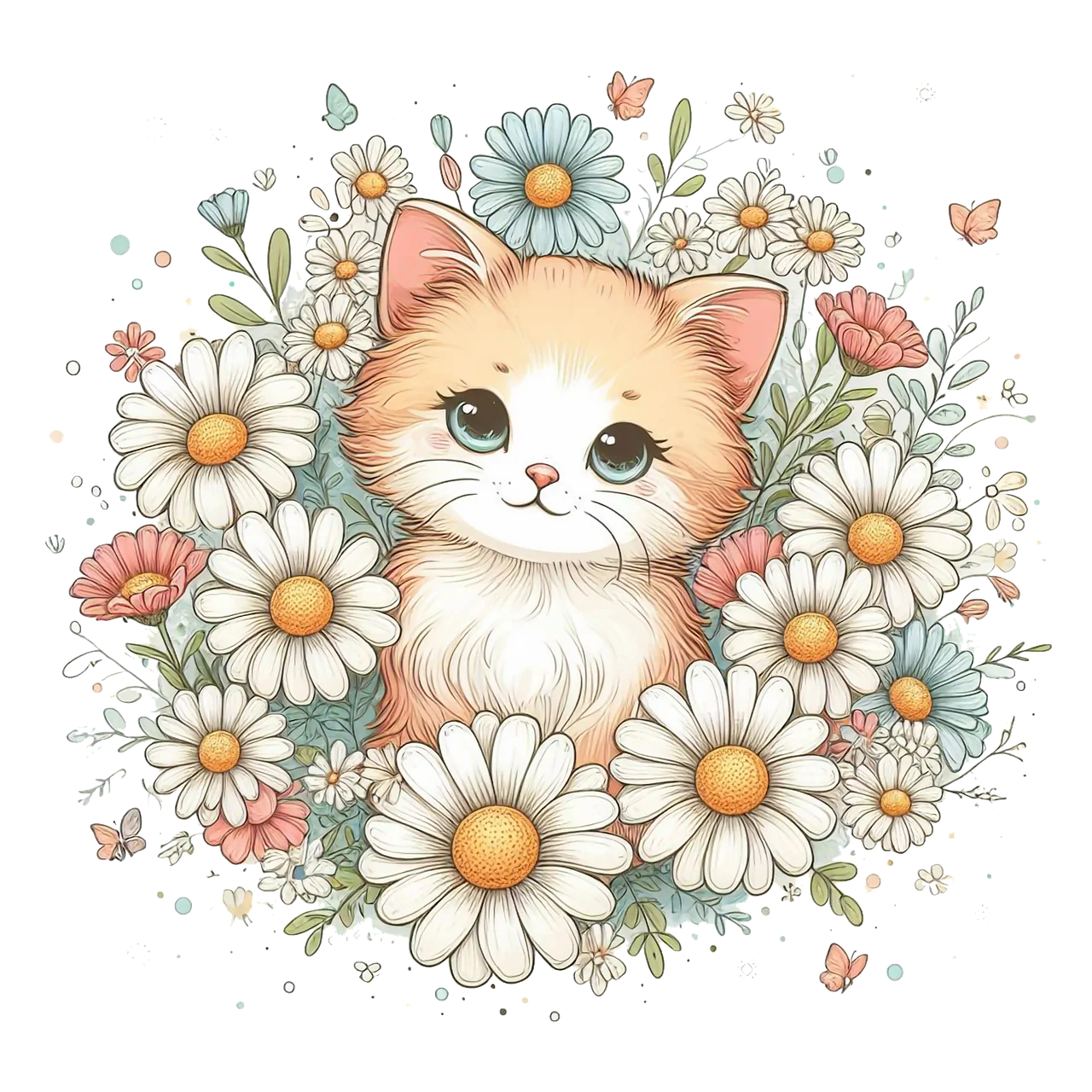 Adorable Fluffy Kitten Nestled Amidst Whimsical Pastel Flower Clipart Illustration