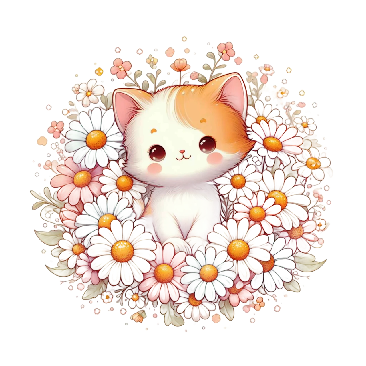 Adorable Fluffy Kitten Nestled in a Dreamy Daisy Flower Meadow Clipart Design