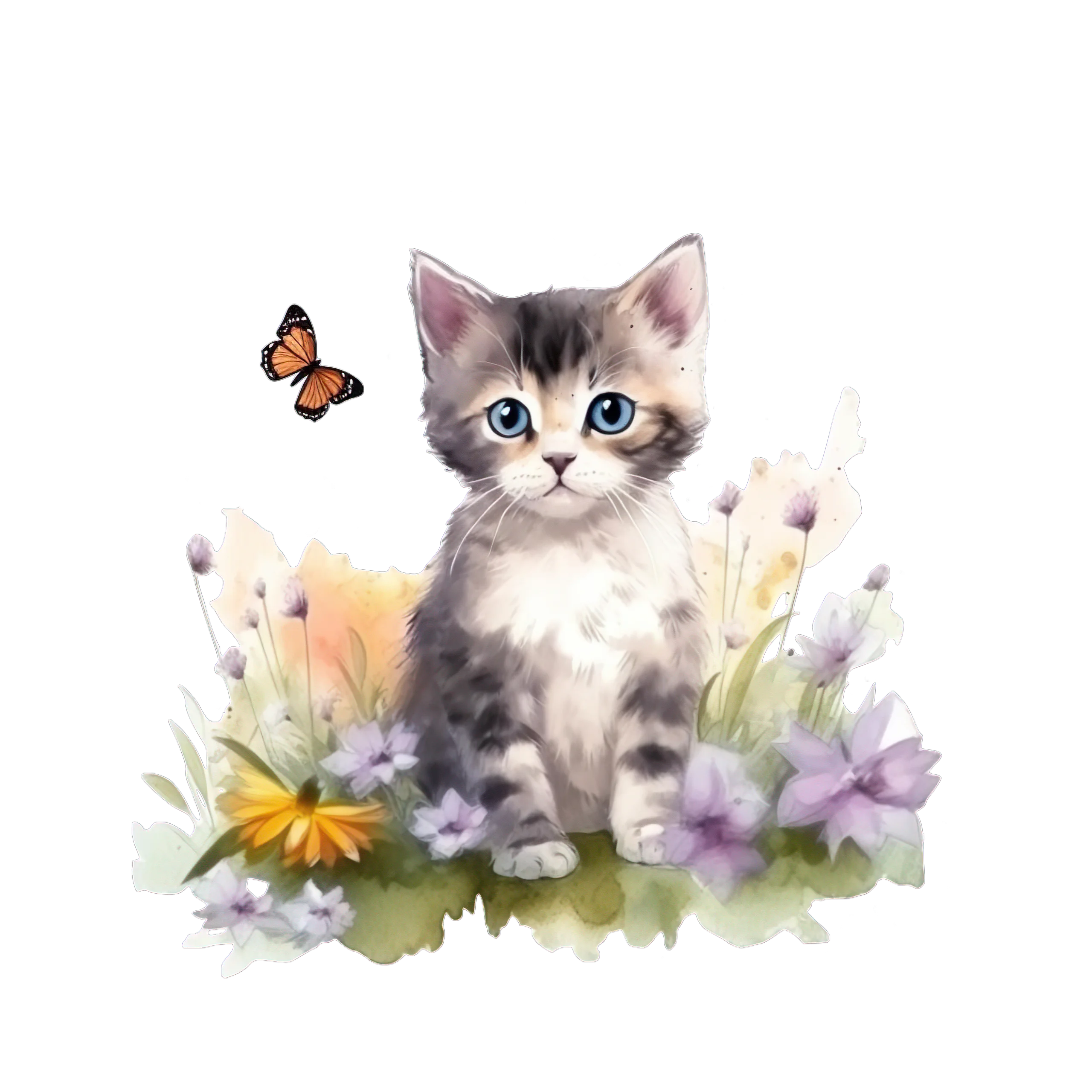 Adorable Gray Tabby Kitten Surrounded by Wildflowers and Butterfly Clipart Illustration