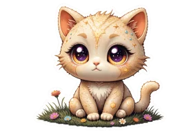 Adorable Kawaii Kitten Sitting Amidst Delicate Pastel Flowers Clipart Illustration
