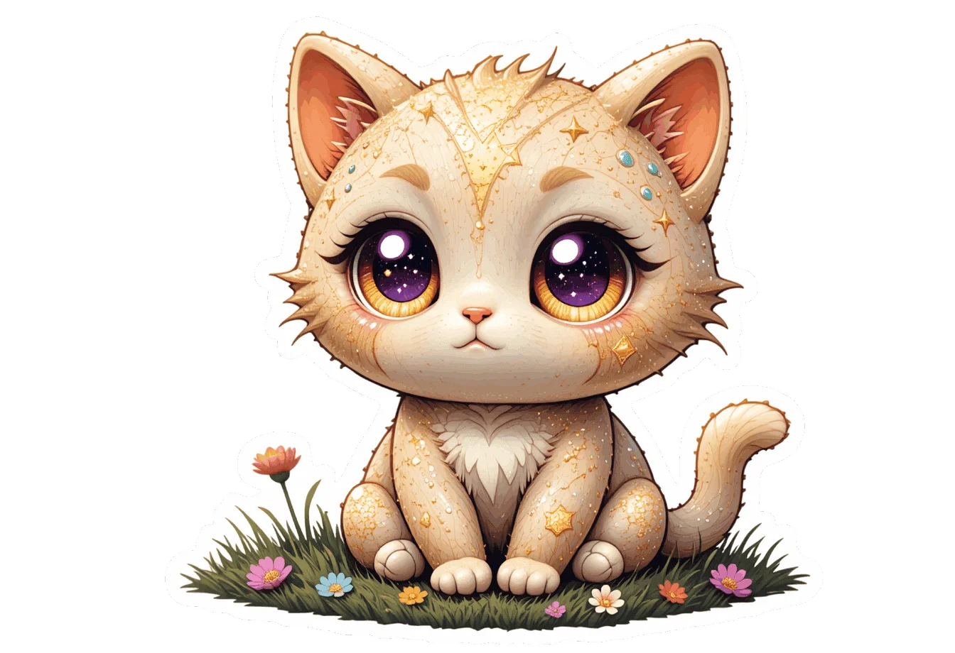 Adorable Kawaii Kitten Sitting Amidst Delicate Pastel Flowers Clipart Illustration