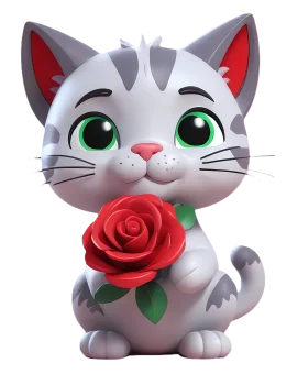 Adorable Silver Tabby Kitten Holding a Passionate Red Rose Clipart