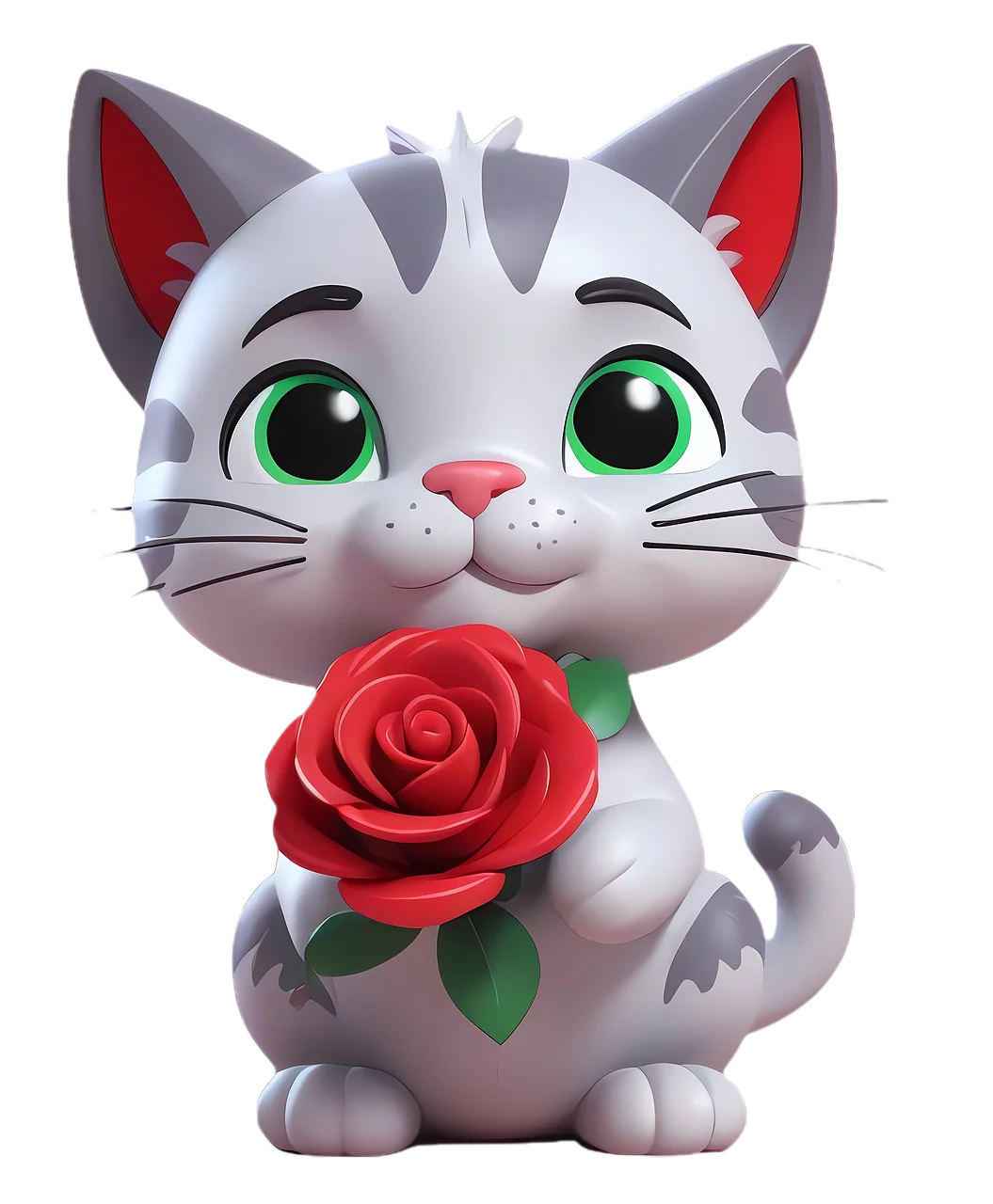 Adorable Silver Tabby Kitten Holding a Passionate Red Rose Clipart