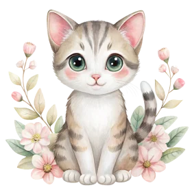 Adorable Silver Tabby Kitten in Soft Pastel Floral Watercolor Clipart Illustration