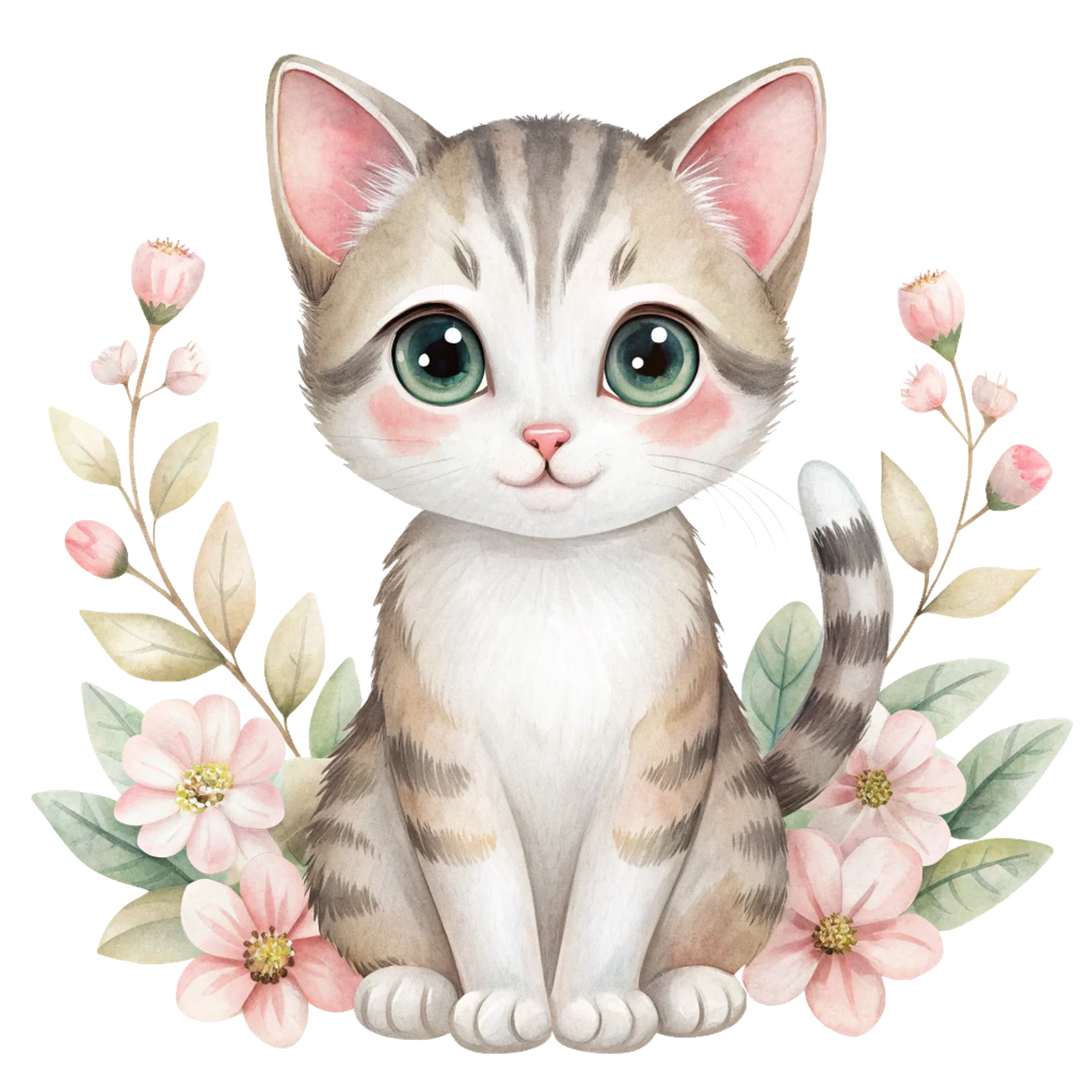 Adorable Silver Tabby Kitten in Soft Pastel Floral Watercolor Clipart Illustration