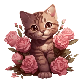 Adorable Tabby Kitten Nestled Among Soft Pink Roses Watercolor Clipart Illustration