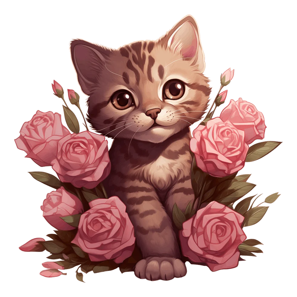 Adorable Tabby Kitten Nestled Among Soft Pink Roses Watercolor Clipart Illustration