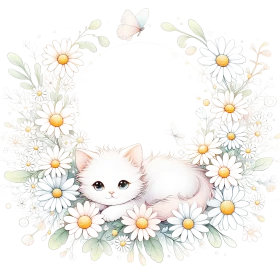 Adorable White Kitten Nestled in Soft Daisy Wreath Watercolor Clipart Illustration