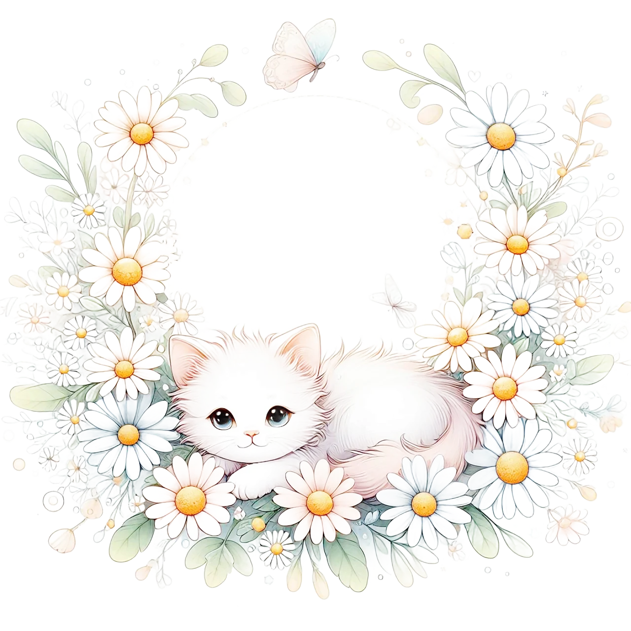 Adorable White Kitten Nestled in Soft Daisy Wreath Watercolor Clipart Illustration