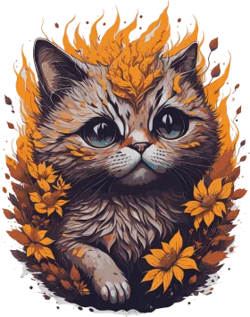 Autumn Whiskers: Enchanting Feline Surrounded by Fiery Floral Clipart Design