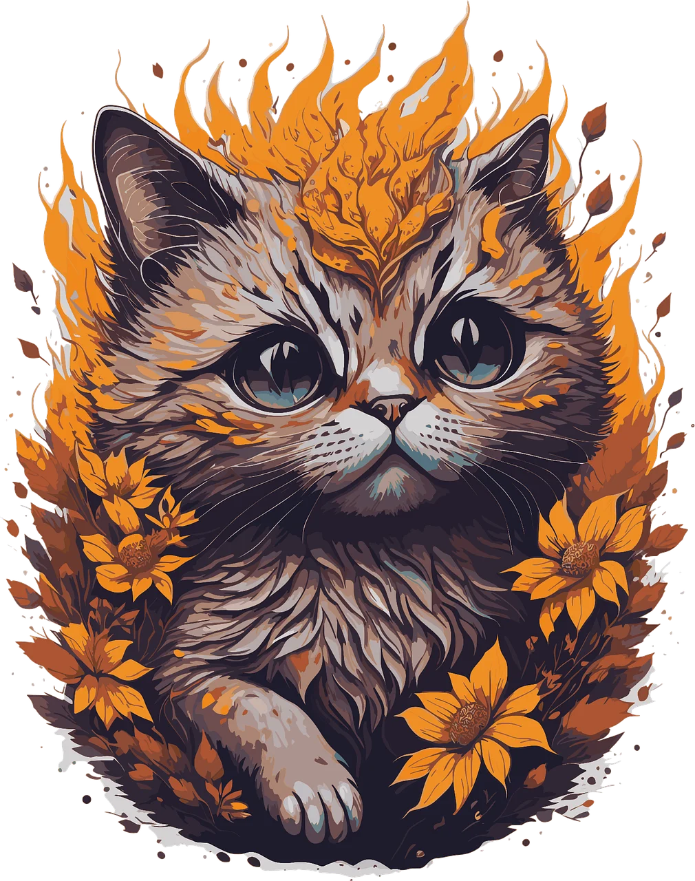 Autumn Whiskers: Enchanting Feline Surrounded by Fiery Floral Clipart Design