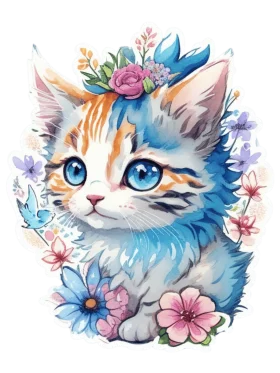 Enchanting Whimsical Watercolor Kitten Clipart Surrounded by Dreamy Floral Wonderland