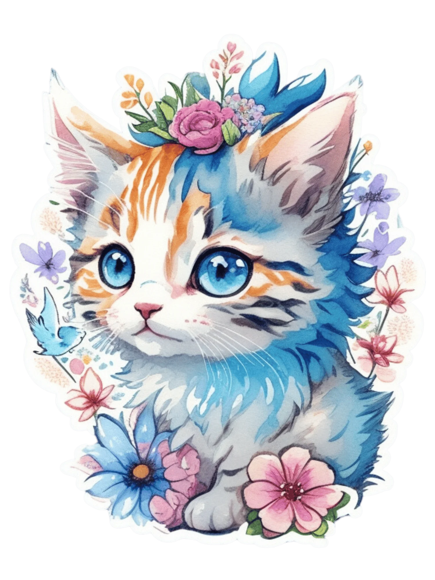 Enchanting Whimsical Watercolor Kitten Clipart Surrounded by Dreamy Floral Wonderland