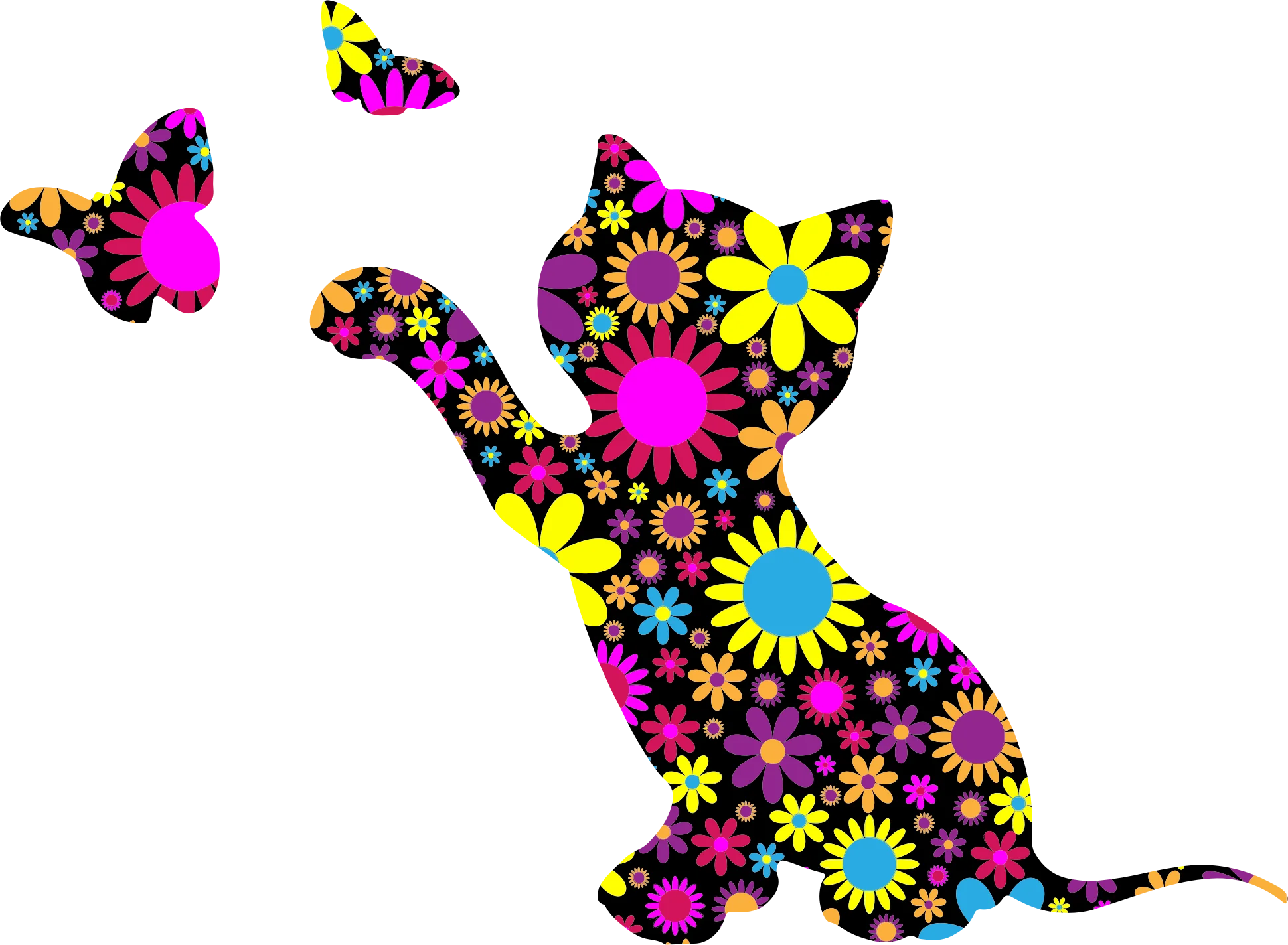 Playful Floral Silhouette Kitten and Butterfly Clipart Design with Colorful Blossoms