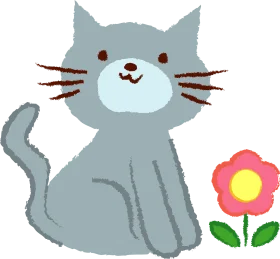 Whimsical Gray Kitten Sitting Beside Cheerful Pink Flower Clipart Illustration