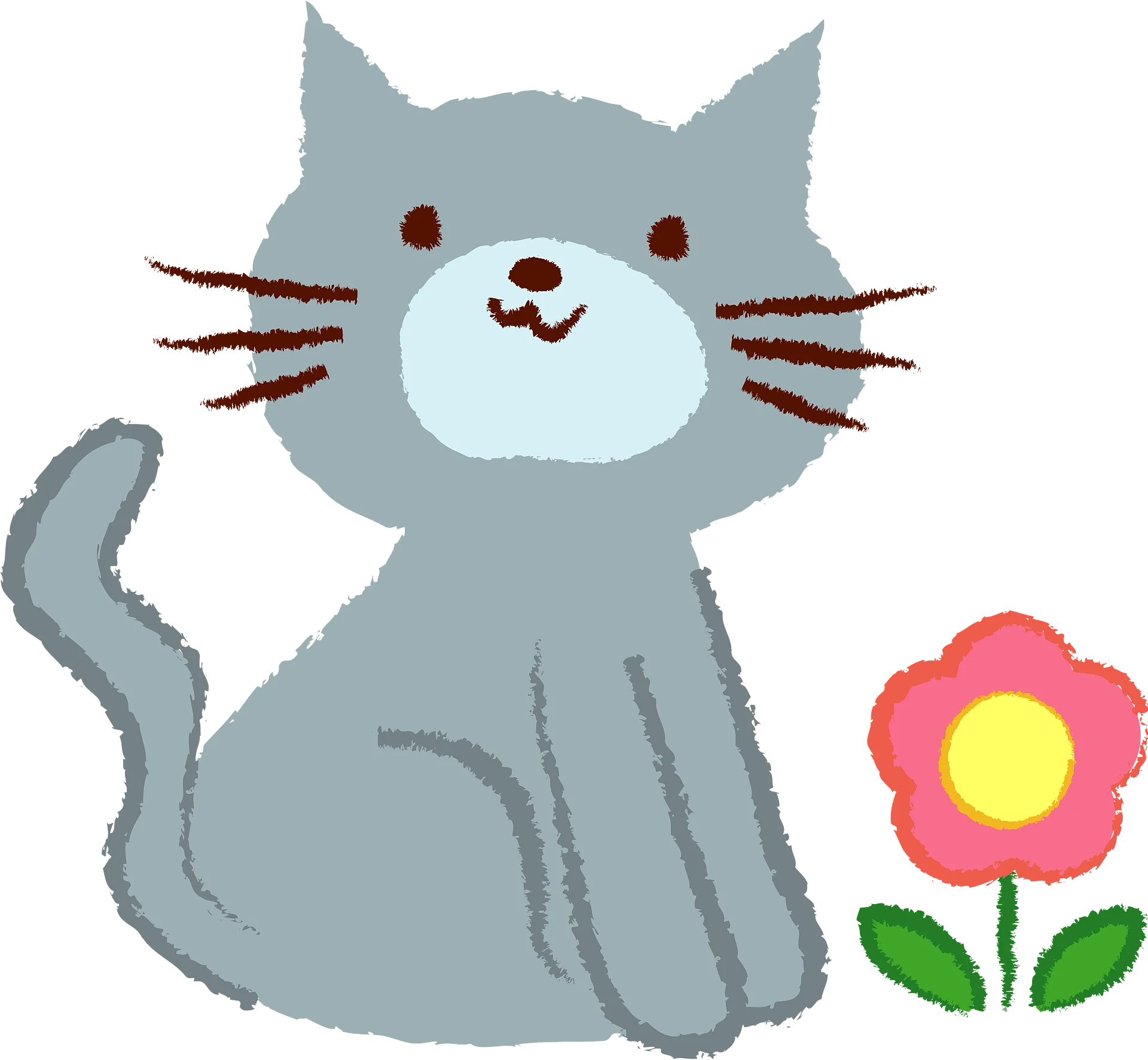 Whimsical Gray Kitten Sitting Beside Cheerful Pink Flower Clipart Illustration