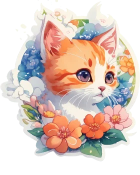 Whimsical Orange Kitten Nestled in Soft Watercolor Floral Clipart Dreamscape