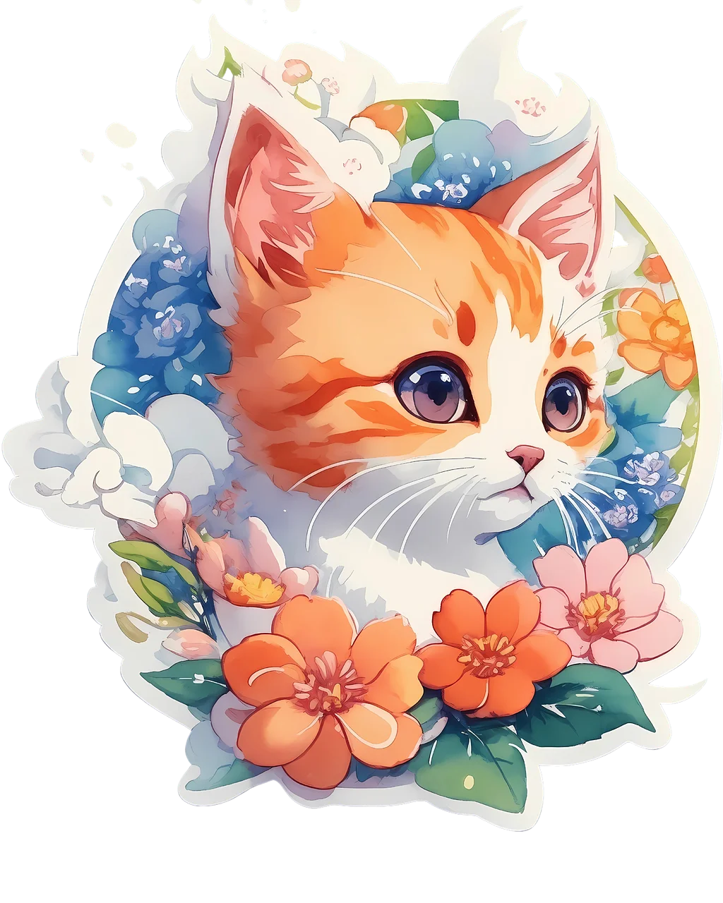 Whimsical Orange Kitten Nestled in Soft Watercolor Floral Clipart Dreamscape