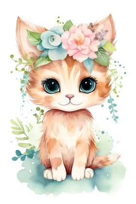 Whimsical Pastel Kitten with Floral Crown Adorable Watercolor Clipart Design