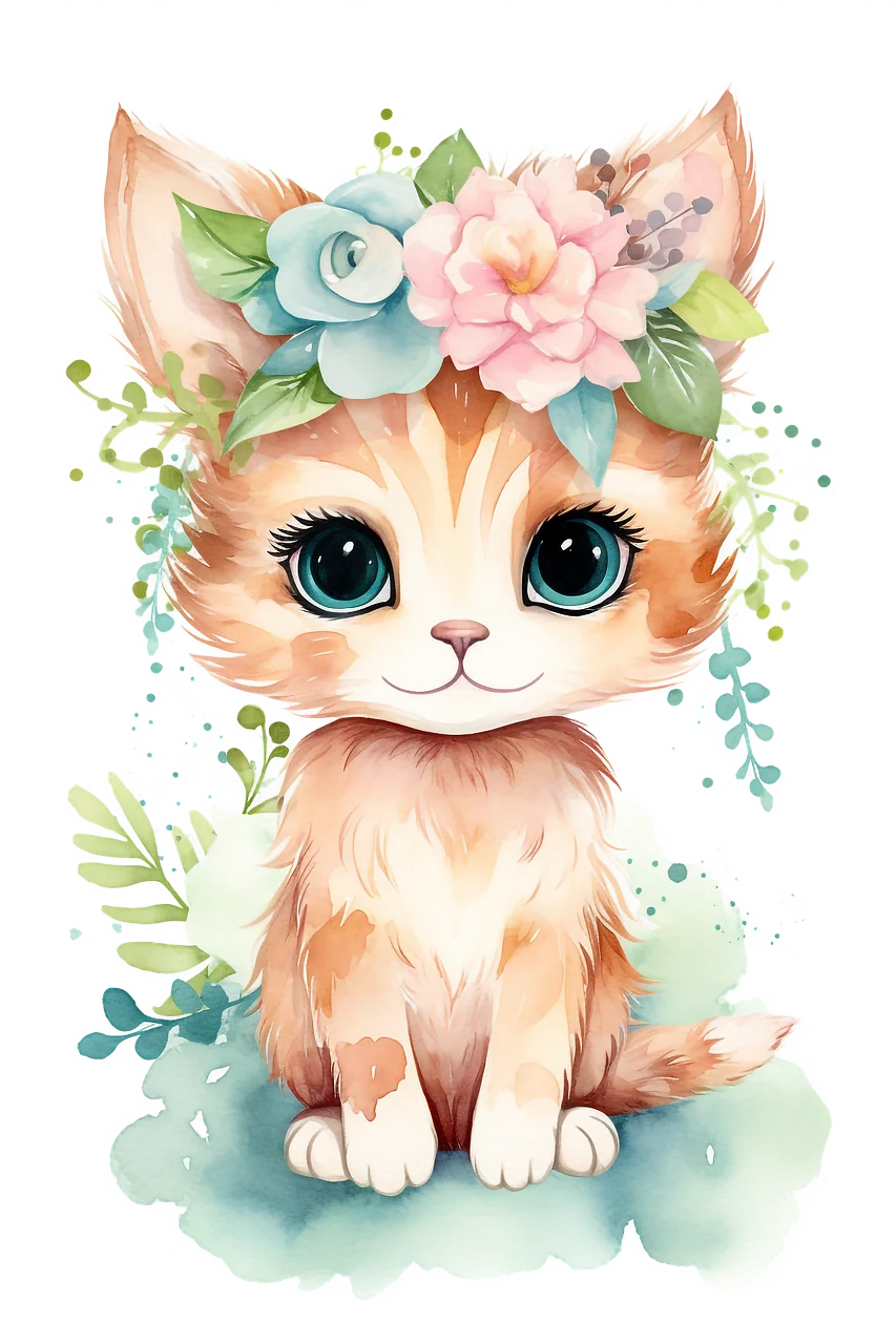 Whimsical Pastel Kitten with Floral Crown Adorable Watercolor Clipart Design