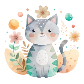 Whimsical Watercolor Gray Kitten Surrounded by Soft Pastel Floral Clipart Design
